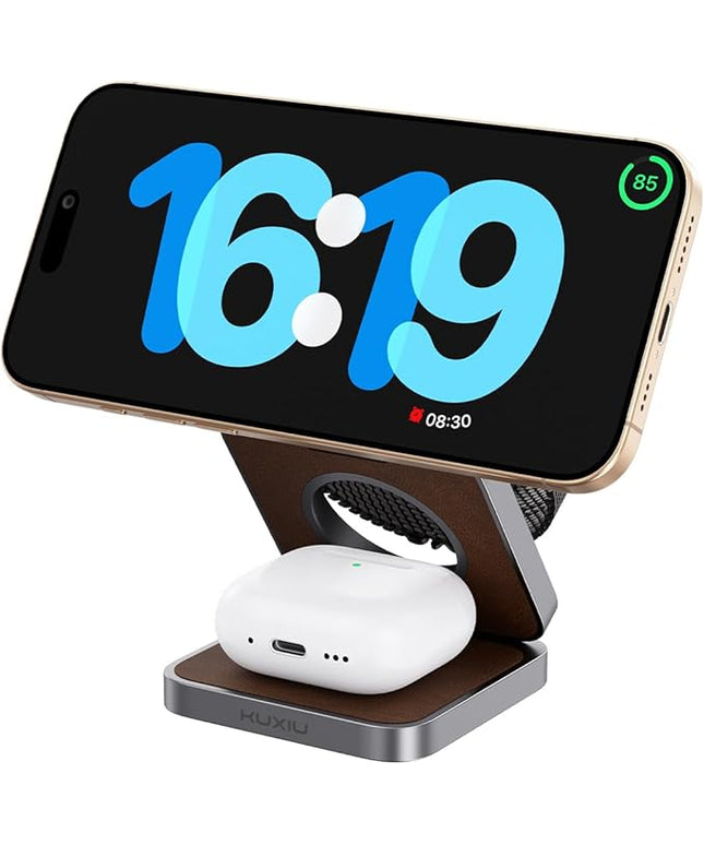 Foldable Magnetic Wireless Charger, KU XIU Aluminum Alloy 3 in 1 Charging Station for Apple, Fast Charging Travel Charger for iPhone 17 16 15 14 13, 5W for Apple Watch Ultra, AirPods, Leather Texture