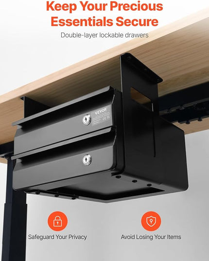 VEVOR Under Desk Double Stacked Lockable Slide Out Drawer, 13 inch Lockable Under Table Pull-out Drawer Attachment for Sit Stand Workstation, Secure Under Desk Storage Organizer, Black