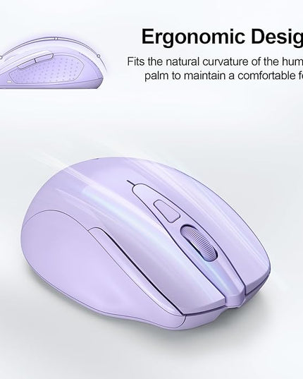TECKNET Wireless Mouse (BT5.0/3.0 & 2.4G) Rechargeable 4800 DPI Silent USB A & Bluetooth Mouse 6 Buttons, Wide Compatibility - Lavender