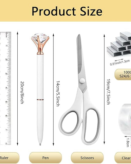 suniya Office Supplies,Desk Accessories,Tape Holder,Stapler,Scissor,Staple Remover,Box of Binder Clips,Staples,Ballpoint Pen,Sticky Notes,Clear Tape,Ruler,Office Supplies Set(White)