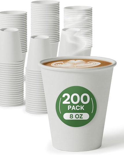 Small Paper Cups 8 oz Coffee Cups Disposable, 200 Pack Leak Proof Hot Cups, 300GSM Thickened White Disposable Cups, Unbleached Small Drink Cups for Everyday Office Coffee Bar Supply Party Essentials
