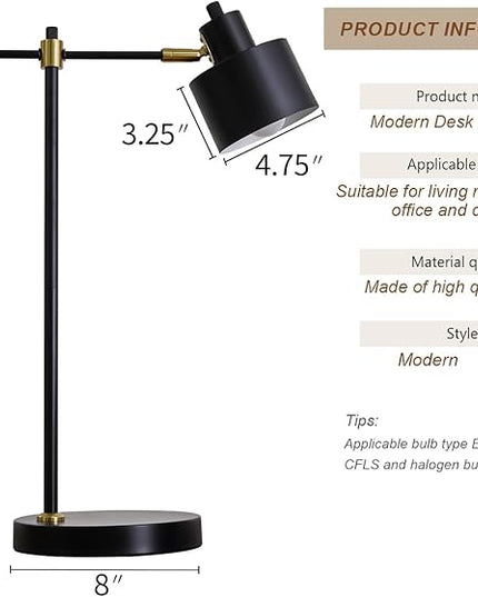OYEARS Modern Industrial Desk Lamp for Reading LED 22.2“ Metal Table Lamp Light for Office Bedroom Study Room Living Room Nightstand Bedside Lamps Gold and Matte Black Accent (Black, Bulb Included)