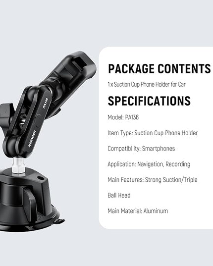 NEEWER Phone Holder for Your Car, 360° Rotating Vacuum Suction Cup Metal Cell Phone Mount Magic Arm Compatible with iPhone Samsung for UTV Windshield Skylight Glass Navigation Video Recording, PA136