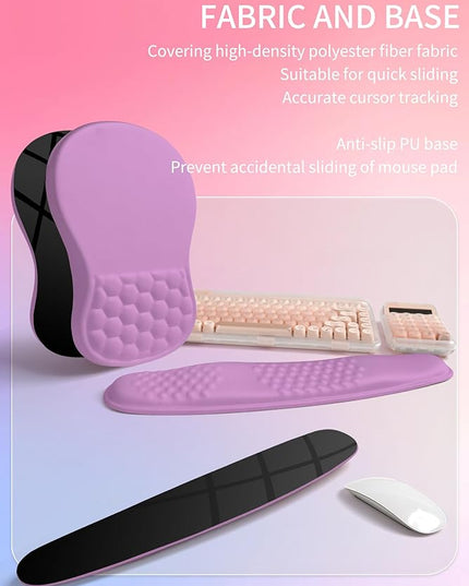 Hokafenle 2in1 Combination, Wave Keyboard Wrist Rest and Ergonomic Curvature Mouse Pad Wrist Support for Relieve Wrist Pain, Filled with Soft Cushion Memory Foam, Purple Lilac