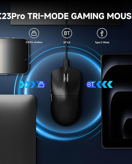 EWEADN X23Pro Wireless Gaming Mouse, PAW3311 Sensor, 49g Lightweight Mouse, 12000 DPI, 2.4G/BT5.0/USB-C Rechargeable Wireless Mouses with 6 Programmable Buttons for Laptop/PC/Mac, Black