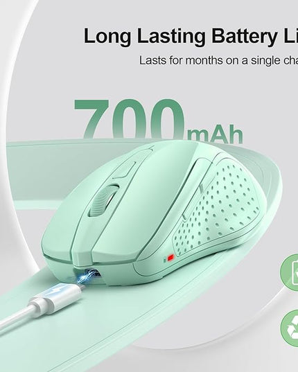 TECKNET Wireless Mouse (BT5.0/3.0 & 2.4G) Rechargeable 4800 DPI Silent USB A & Bluetooth Mouse 6 Buttons, Wide Compatibility - Green