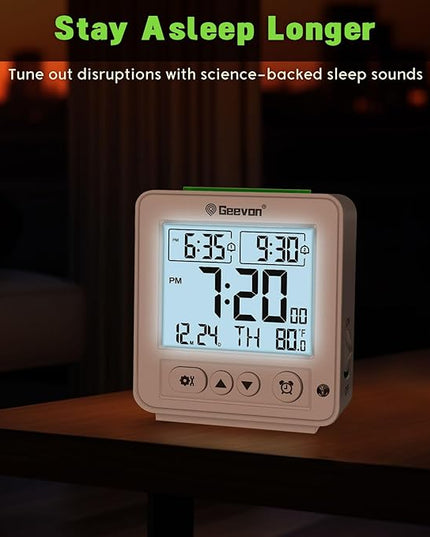 Geevon Smart Night Light Small Digital Alarm Clock with 2 Increasing Beep Alarm, Indoor Temperature, Battery Operated Travel Clock for Bedroom, Bedside, Desk(White)