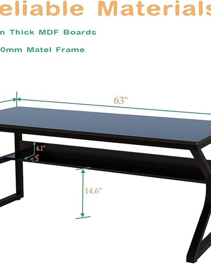 Extra Long Desk with Bookshelf - 63" Double Long Writing Table for 2-Person Workstation, Modern Study Work Computer Desk for Home and Office, Black