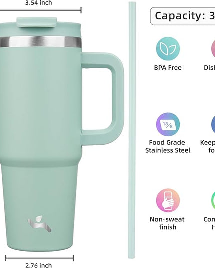 30 oz Tumbler with Handle and 2 Straws,2 in 1 Lid Insulated Water Bottle Stainless Steel Travel Coffee Mug,Retro Green