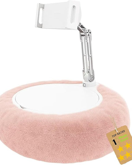 Fuzzy Pillow Phone Holder with Snack Bowl, Adjustable 360° Rotating Magnetic Stand for Phone/Tablet/Kindle iPad, Soft Plush Fabric, Detachable Snack Bowl for Reading for Bed (Pink)