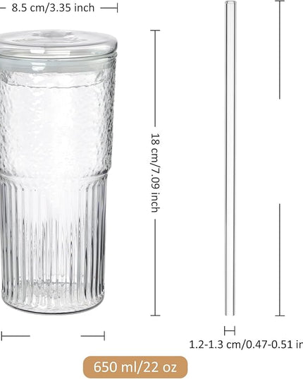 Joeyan 22 oz Glass Tumbler with Straw and Lid for Iced Tea Coffee Smoothie Water Juice Beverages Soda,Clear Borosilicate Glasses Cups,Ribbed Drinking Jar,Set of 2,Dishwasher Safe