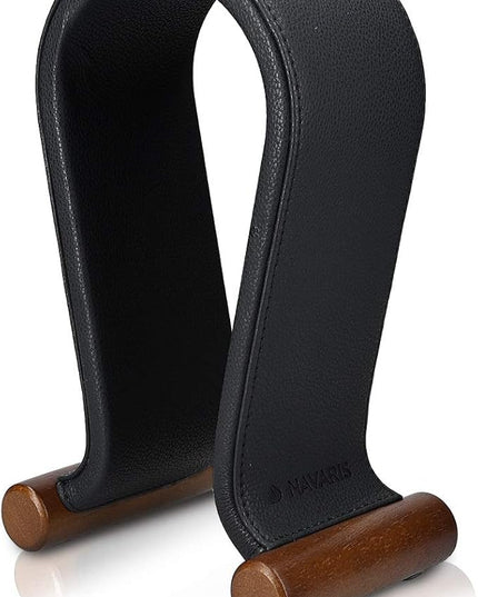 Navaris Omega Headphone Stand - Synthetic Leather Headset Hanger with Wood Base - Holder for Wired, Wireless, Gaming, DJ, Studio Headphones - Black