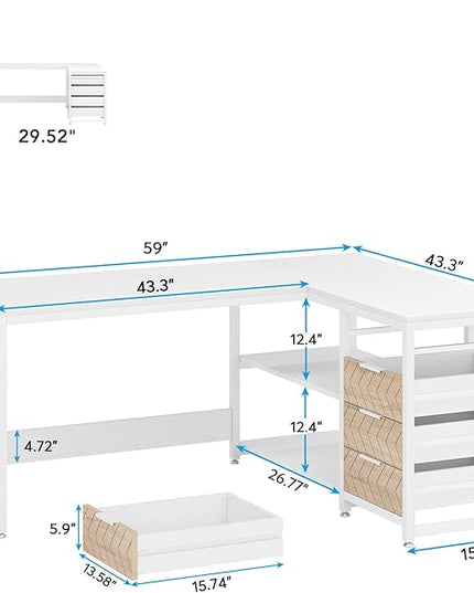 Tribesigns L Shaped Computer Desk with Storage Drawers, 59 inch Corner Desk with Shelves, Reversible L-Shaped Office Desk Study Writing Table Workstation for Home Office, White