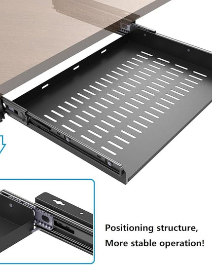 JINGCHENGMEI Sliding Under Desk Laptop Mount Shelf with Air Vents, W 16.3" x D 12" Metal Under Desk Slide Out Tray for Laptop (16 Inch Wide)