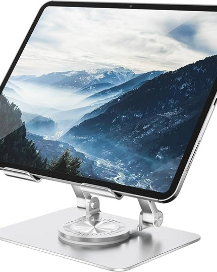 Tablet Stand Adjustable with 360° Swivel Base Aluminum Tablet Stand Holder for iPad/Samsung/iPad Pro Air Mini/Galaxy/Switch, Sliver