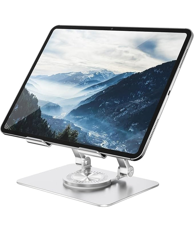Tablet Stand Adjustable with 360° Swivel Base Aluminum Tablet Stand Holder for iPad/Samsung/iPad Pro Air Mini/Galaxy/Switch, Sliver