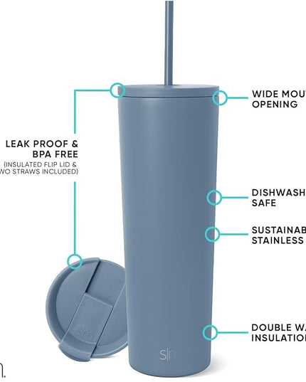 Simple Modern Insulated Tumbler with Lid and Straw | Iced Coffee Cup Reusable Stainless Steel Water Bottle Travel Mug | Gifts for Women Men Her Him | Classic Collection | 28oz | Blue Dune