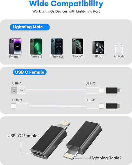 MFi Certified USB C to Lightning Adapter 2-Pack, 27W Fast Charging & Data Sync, Lightning to USB Type C Cable Adapter Compatible with iPhone 14/13/12/Pro/Max, iPad, AirPods, with Anti-Loss Lanyard