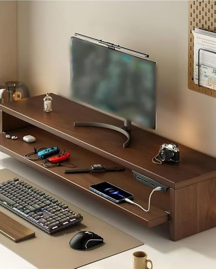 Wooden Monitor Stand Riser with Charging Ports, Dual-Layer Computer Stand, MDF Desktop Organizer for Computer, Laptop, Printer, TV, Easy Assembly Monitor Shelf of Desk(Brown,50x20x15cm)
