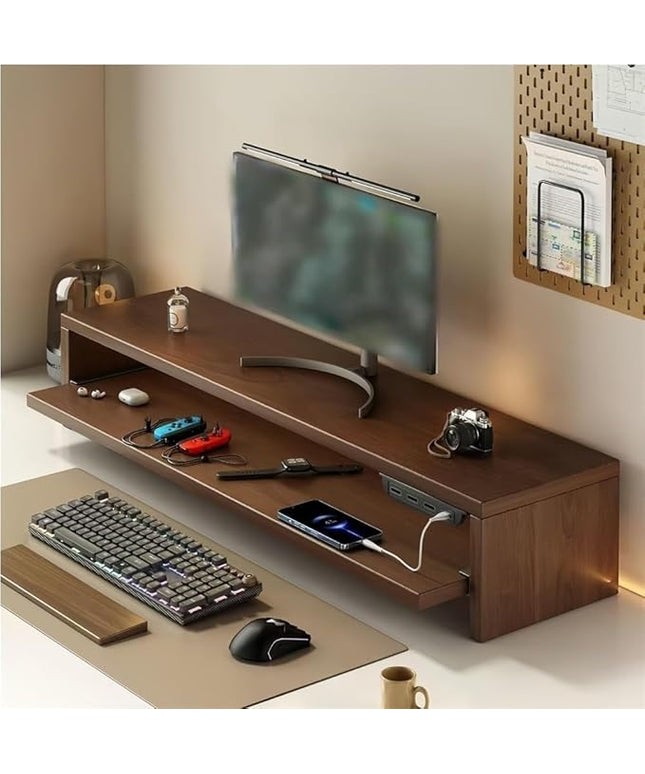 Wooden Monitor Stand Riser with Charging Ports, Dual-Layer Computer Stand, MDF Desktop Organizer for Computer, Laptop, Printer, TV, Easy Assembly Monitor Shelf of Desk(Brown,100x20x15cm)