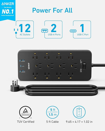 Anker Power Strip with 2100J Surge Protector, Outlet Extender, 5ft Extension Cord with Multiple Outlets, 12 AC, 2 USB A,1 USB C Port for 20W, Home Office, Dorm Room Essentials, TUV Listed