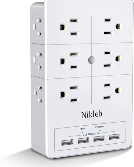 Multi Plug Outlet Surge Protector Nikleb, 12 Electrical Outlets Extender with 4 USB Charging Ports Total 4.8A, Wall Plug Expander 3 Prong for Room, Office, Gaming, Cord Organizer Accessories