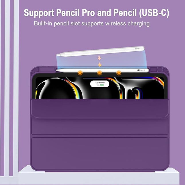 ZryXal iPad Pro 11 Inch Case (M5) 2025/ (M4) 2024 (Model: A2836/A2837/A3006), Trifold Stand Smart Cover with Pencil Holder and Soft TPU Back, Auto Wake/Sleep (Dark Purple)