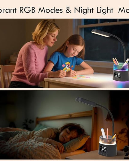 WILIT LED Desk Lamp for College Dorm Room Essentials, Students Study Lamp with Charging Station, Pen Holder, Clock & RGB Night Light, Office Desk Accessories, Table Lamp for Bedroom - Gray