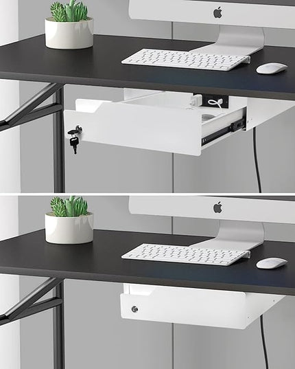Lumil Under Desk Mounted Drawer Lockable with 3 Prong Extension Cord 10 FT with Multiple Outlets and Foldable Cable Management Arm for Office Desk 15.7" (W) x 15.7" (D) x 4.4" (H), White