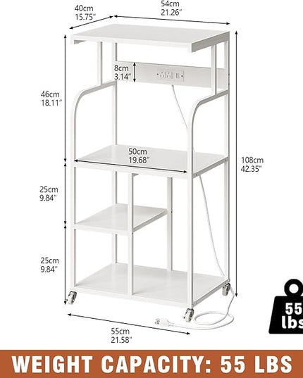VEDECASA Mobile High Printer Stand with Power Outlet Charging Plugs USB Port Office Storage Shelf Includes Computer Tower CPU Stand Holder with Wheel (White)
