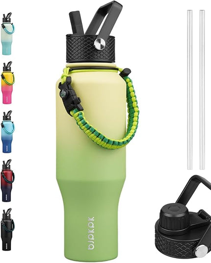 BJPKPK Insulated Water Bottles with Straw Lid, 35oz Metal Water Bottle with 2 lids & Paracord Strap, Double Wall Stainless Steel Vacuum Tumblers, Cups, Mugs, Thermo for Hot& Cold Drinks, Fresh Green