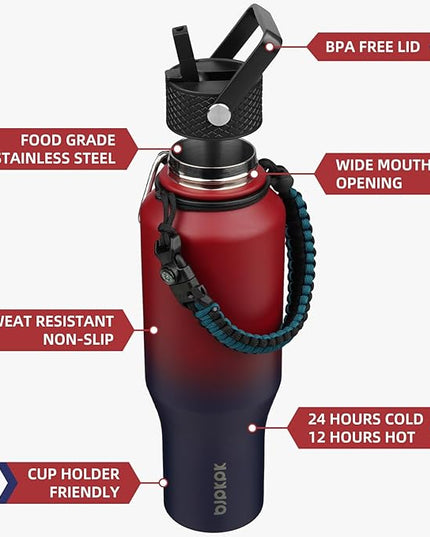 BJPKPK Insulated Water Bottles with Straw Lid, 35oz Metal Water Bottle with 2 lids & Paracord Strap, Double Wall Stainless Steel Vacuum Tumblers, Cups,Thermo for Hot& Cold Drinks, Charming Red