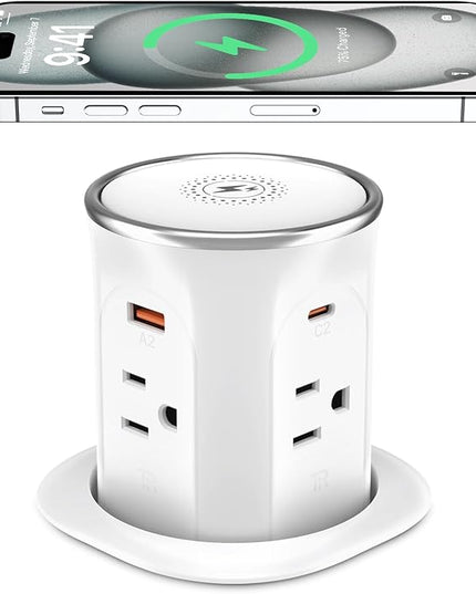 Pop Up Countertop Outlet with 15W Wireless Charger, 4 Outlets & 4 USB (2 PD20W USB-C) 3.15in Desk Hole Pop Up Power Outlet for Kitchen Countertop,Office Conference Table.ETL Listed
