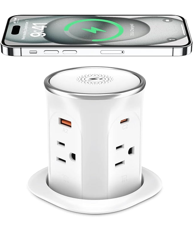Pop Up Countertop Outlet with 15W Wireless Charger, 4 Outlets & 4 USB (2 PD20W USB-C) 3.15in Desk Hole Pop Up Power Outlet for Kitchen Countertop,Office Conference Table.ETL Listed