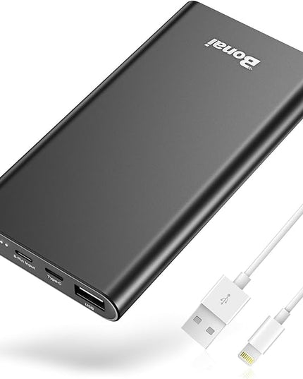 BONAI Portable Charger 12,000mAh 5V/3A Fast Charging Power Bank, Dural Input & Output Ports (USB-C in & Out) Portable Phone Charger for iPhone 17/16/15/14/13/12 Series Galxy Android iPad etc - Black