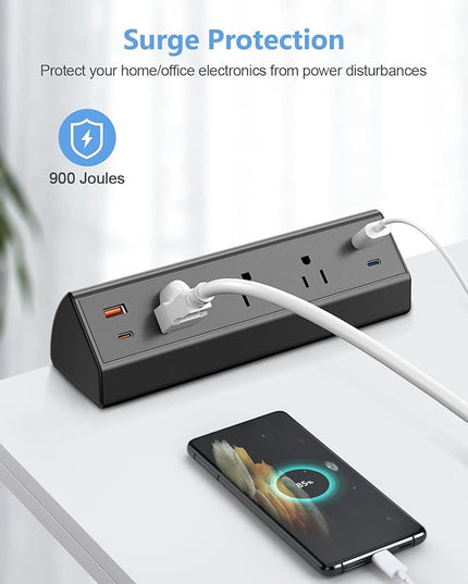 Desk Clamp Power Strip with USB C,65W Fast Charging Station for iPhone 14 Pro Max iPad MacBook Air,Power Supply for Desk Edge Mount,3 Widely Spaced Outlets Surge Protector,6ft Cord (Black)