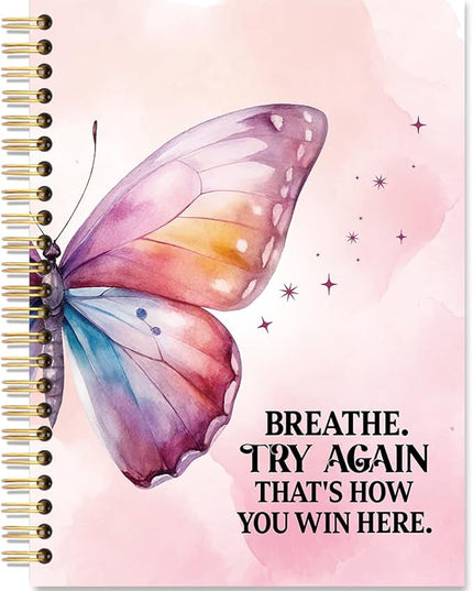 Breathe Try Again That's How You Win Spiral Notebook, Pink Butterfly Notebook for Women, Therapy Mental Health Journal for Women, Inspirational Birthday Gifts for Women Friends Sisters Boss BFF