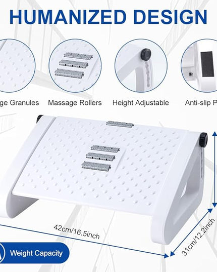 Foot Rest for Under Desk At Work - Six Heights Adjustable Under Desk Footrest - Ergonomic Foot Stools for Under Office Desks - Desks Foot Rest with Massage Rollers - Leg Rest for Chair (White)
