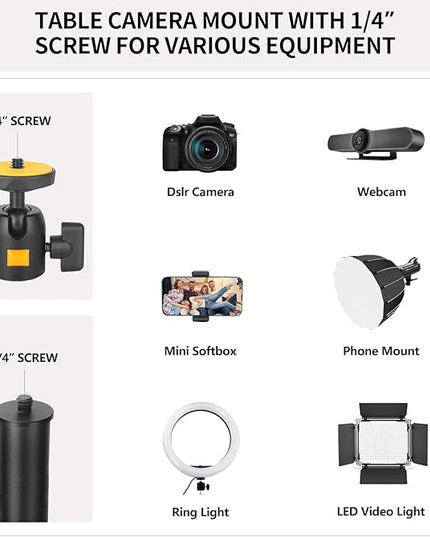Camera Desk Mount Table Stand with Ball Head, Adjustable Light Stand with 1/4" Screw & C Clamp for DSLR Camera, Ring Light, Live Streaming, Photo Video Shooting