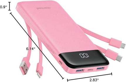 charmast Portable Charger with Built in Cables, Power Bank with Cords Wires, Slim 10000mAh Travel Battery Pack 6 Outputs 3 Inputs 3A Fast Charging for Samsung Google Pixel LG Moto iPhone iPad
