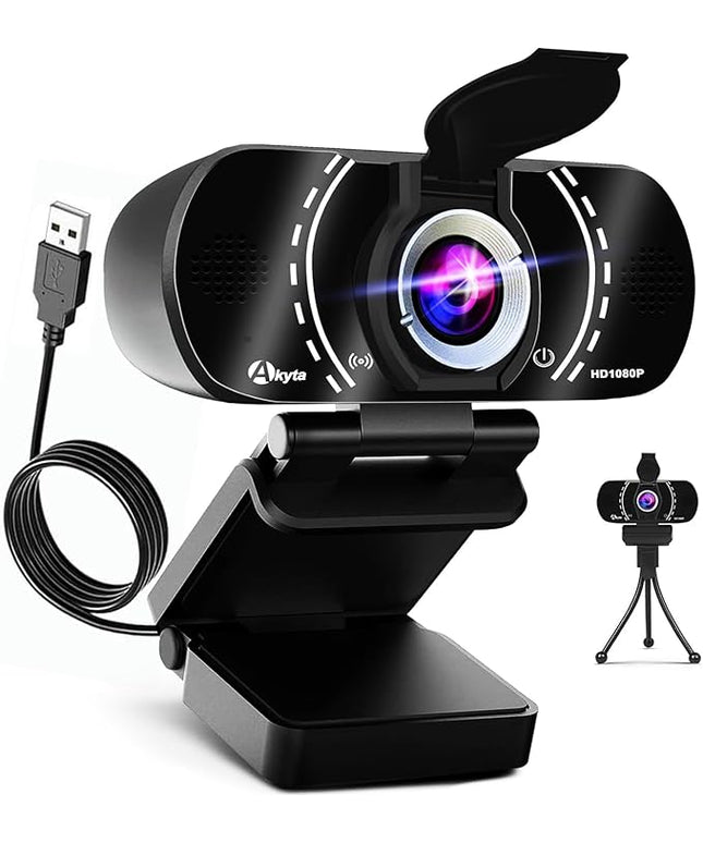 Akyta Webcam with Microphone, 1080P Webcams with Tripod/Privacy Cover/Wide Angle 110°, USB Web Camera for Laptop Desktop Computer PC Mac Video Calling/Streaming/Zoom Conference
