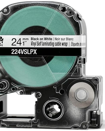 Epson LABELWORKS 224VSLPX Genuine Tape Cartridge - Black on White Flexible and Durable Vinyl Self Laminating Overwrap Industrial Label Maker Tape - 1" (24MM) Wide, 26.2 ft