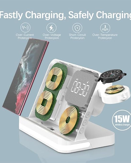 AYI 4in1 Multi Functional Wireless Charging Station with Digital Alarm Clock 15W Fast Charger Night Light Wireless Charger for All Qi Phone and Earbud Headphone Compliant with i-Watch-B22 White