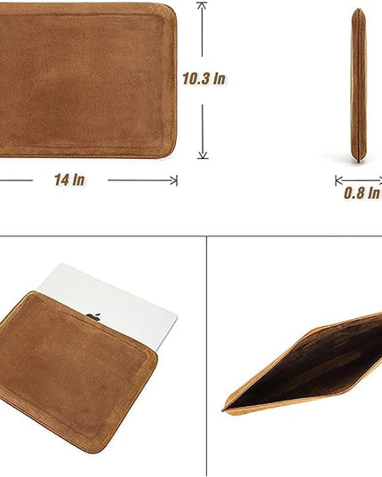 Top Grain Leather 14.2" Slim Laptop Sleeve Protector, Minimalist Vintage Design, Handmade, Compatible with MacBook Pro 14 inch 2021 2022 M1 Pro/M1 Max A2442 & Other PC, Brown 14.2 Inch