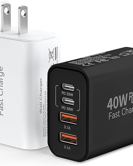 USB C Wall Fast Charger Block, 40W 4-Port Type C Chargers Fast Charging Blocks PD Power Charger Adapter+QC 3.0 USB Multiport Charger Brick for Phone 17/16/15/14/13/12 Pro Max, i-Pad, Galaxy S25-2Pack