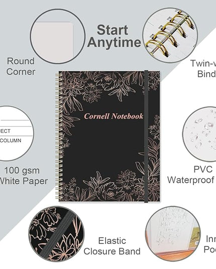 Yaridar A4 Cornell Notes Notebook - 8.5" x 11" College Spiral Cornell Notebooks for Note Taking, Subject College Ruled Steno Pads for Office School/Home, Black Flower