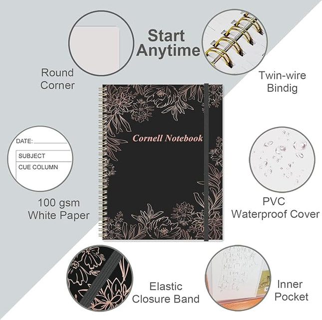 Yaridar A4 Cornell Notes Notebook - 8.5" x 11" College Spiral Cornell Notebooks for Note Taking, Subject College Ruled Steno Pads for Office School/Home, Black Flower