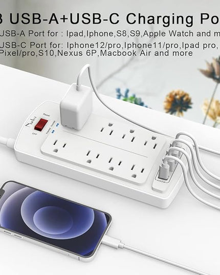 6FT Surge Protector Power Strip, Nuetsa Extension Cord with 8 Outlets and 4 USB Ports, 6 Feet Power Cord (1625W/13A), 2700 Joules, ETL Listed, White