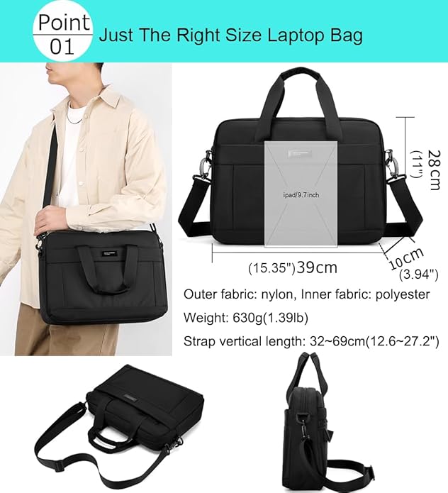 zhongningyifeng Laptop Bag 14 Inch Briefcase for Men Women Waterproof Nylon Lightweight, Shoulder Computer Messenger Handbag for Business Office Work Travel College Black