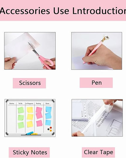 suniya Office Supplies,Desk Accessories,Tape Holder,Stapler,Scissor,Staple Remover,Box of Binder Clips,Staples,Ballpoint Pen,Sticky Notes,Clear Tape,Ruler,Office Supplies Set Pink